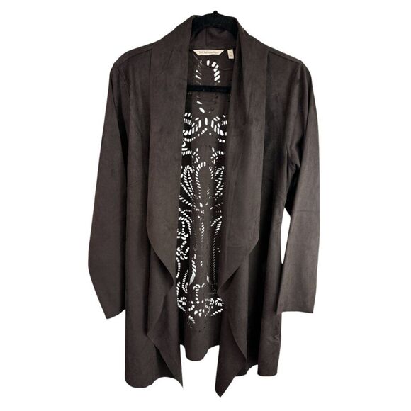 Soft Surroundings Faux Suede Jacket Open Front Brown Laser Cut Sz M Boho Western - Picture 3 of 10